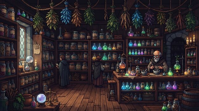 Bearded elderly alchemist brewing magic potions inside dark rustic apothecary shop