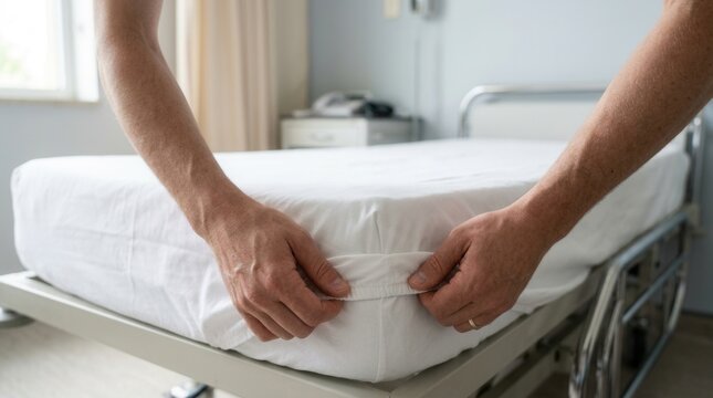 Hands tucking crisp white sheet onto a hospital bed, preparing for patient comfort and care in a clean medical environment.