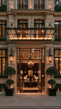 Grand Hotel Entrance: An ornate hotel facade illuminated by elegant lighting, featuring a welcoming glass entrance and manicured topiary, exuding luxury and sophistication.