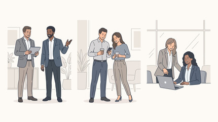 Obraz premium Professional colleagues working together in various office scenarios set