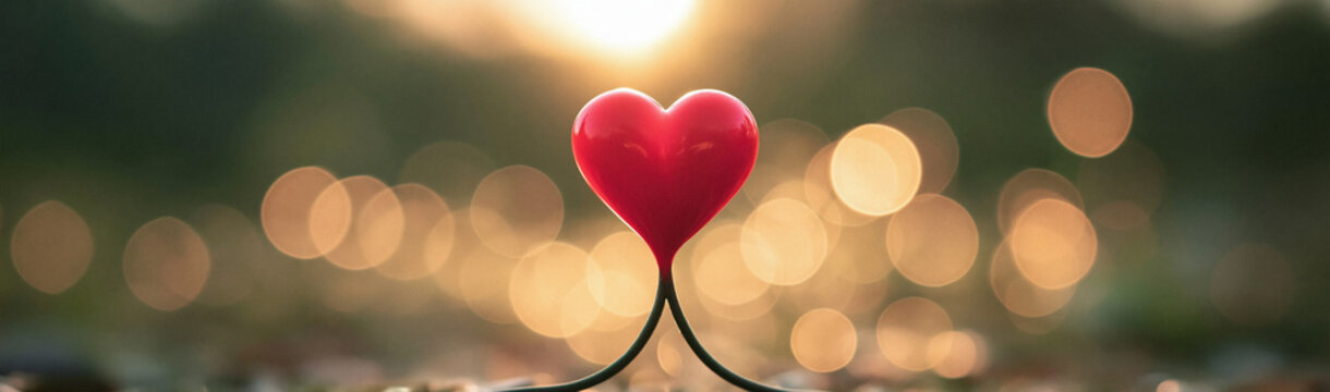 Heart Symbol of Love and Hope: A vibrant red heart, symbolizing love and passion, stands prominently against a soft-focus background of warm bokeh lights, evoking feelings of romance and affection.