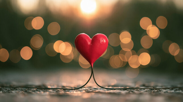 A Beacon of Love: A vibrant red heart, illuminated by the warm glow of a setting sun, stands as a symbol of affection and connection against a backdrop of soft, bokeh lights.
