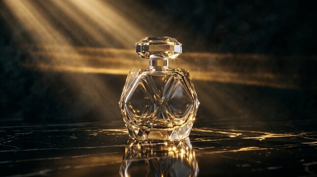Elegant crystal perfume bottle on reflective surface illuminated by dramatic golden light rays