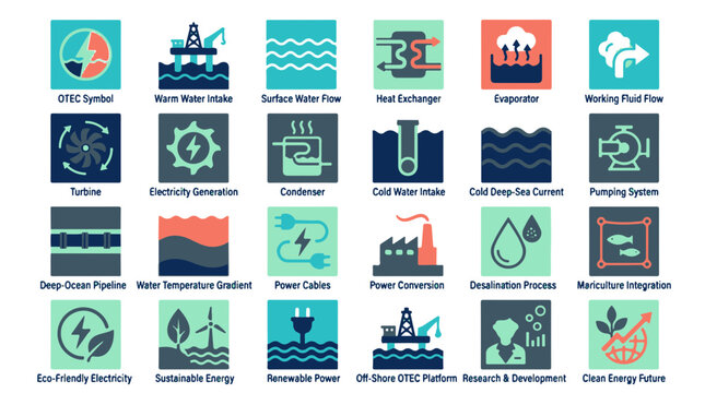 Ocean Thermal Energy Conversion Otec Flat Icon Set for Renewable Power Systems