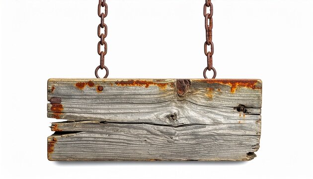 Rustic blank wooden sign hanging from old rusty chains isolated on white background
