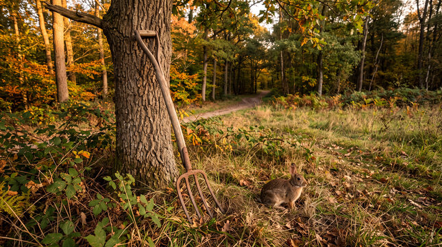 Autumn forest scene with antique garden fork resting by a tree trunk and wild rabbit in grass