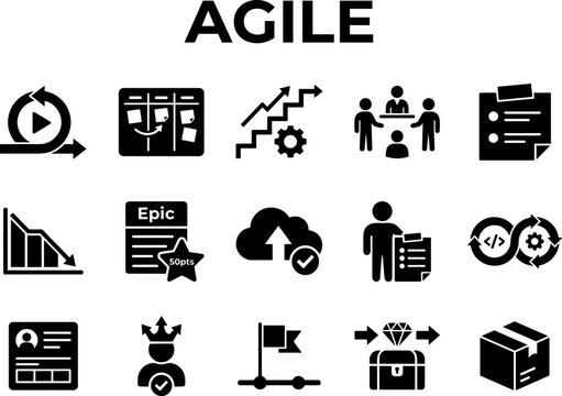 Agile and scrum flat icon set with sprint, kanban, workflow and team symbols