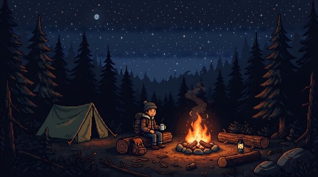 Pixel art camper sitting by a glowing campfire under starry skies