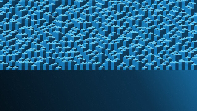 Abstract background, with a pattern, of blue 3, d isometric cubes, on the half, and a solid, dark blue gradient, on the bottom, half area