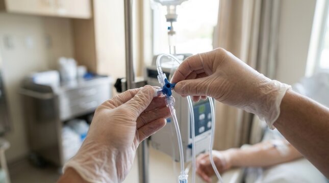 Healthcare professional adjusts IV drip line for patient receiving infusion therapy in hospital room