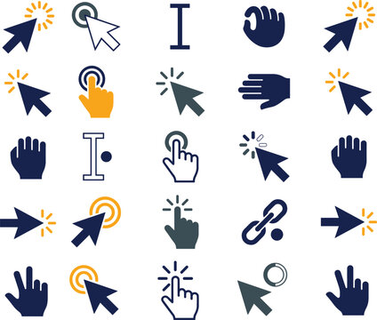 Digital cursor selection and hand gesture graphic icons collection representing website browsing link clicking and online navigation actions,