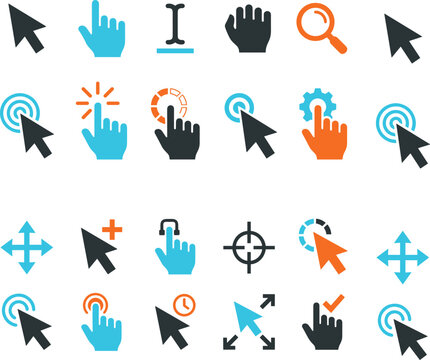 Digital application navigation tools flat vector elements set with multicolored computer mouse arrows settings gear and magnifying glass,