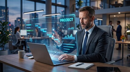 Fototapeta premium Businessman Analyzing Futuristic AI Project Gantt Chart Dashboard in Modern Office