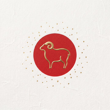 Gold foil sheep silhouette in red circle on white paper, minimal Japanese New Year design