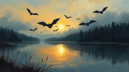 Fototapeta premium Bats flying over a misty lake at sunset