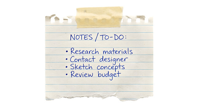 Torn piece of lined notebook paper containing handwritten task lists and business reminders secured by beige masking tape displayed as a high quality cutout on transparent background
