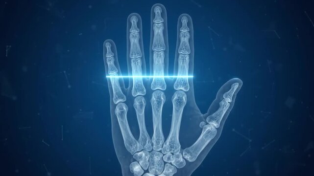 X ray of a Human Hand and Wrist on Blue Background Medical Imaging and Anatomy