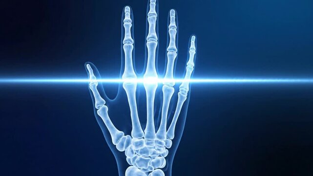 X ray of a Human Hand Skeleton Medical Scan Animation Blue Glow on Dark Background