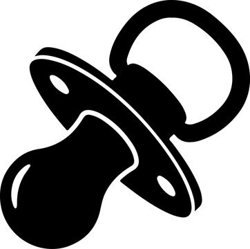 A simple black and white vector icon illustration of a baby pacifier, representing infant care, soothing, childhood, parenting, and nursery accessories in a clean, minimalist graphic design style.