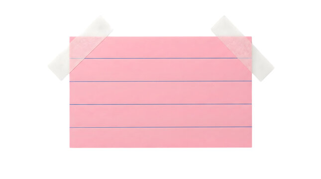 Rectangular pink lined notepad paper featuring blue horizontal lines held firmly by translucent adhesive tape strips for important messages and creative memo notes on transparent background