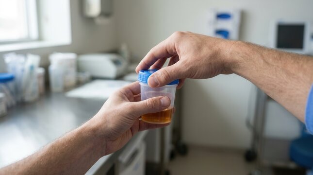 Healthcare professional holding urine sample cup for medical analysis in a clinic laboratory with equipment in background