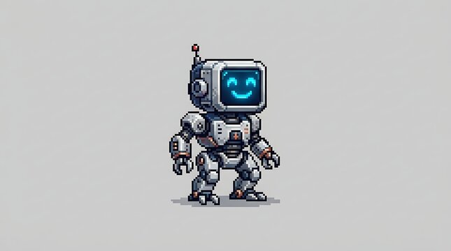 Cute pixelated robot character with blue screen and smiling face expression