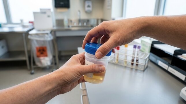 Healthcare professional holding urine sample cup in laboratory for medical testing and analysis