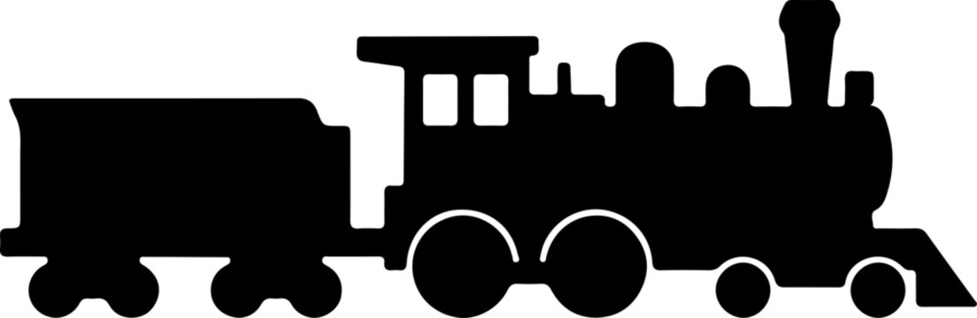 A bold black silhouette of a vintage steam locomotive train engine with a tender car isolated on a clean white background, perfect for graphic design projects, educational icons, or creative logos.