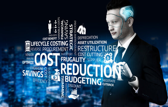 A businessman engages with a digital interface displaying various cost reduction strategies and budgeting techniques tailored to enhance overall financial efficiency in a corporate setting. Tessel