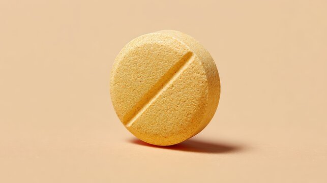 Minimalist composition with a single yellow round pill on a pastel beige background