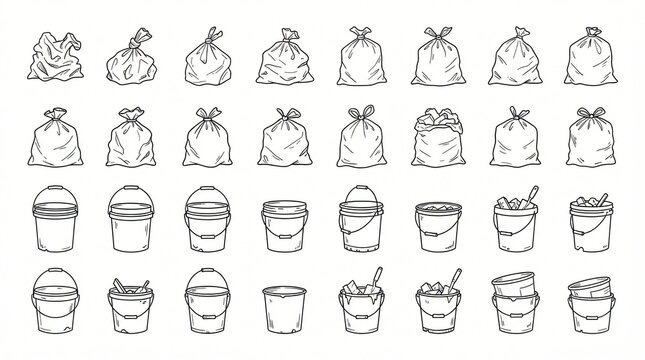 Heavy Duty Trash Bag Construction Bucket Line Art Doodle Collection Hand Drawn Plastic Garbage Sack Crumpled Waste Builder Pail Wire Handle Icon Design Flat Outline Strictly Textless White