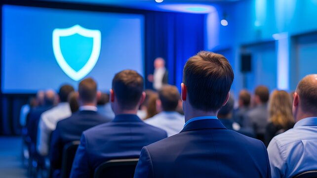 Cybersecurity presentation with business professionals attending a security conference