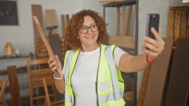 Woman carpenter holding wooden plank extends arm taking selfie inside building while smiling and wearing safety vest; pride craftsmanship.