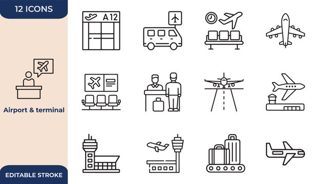 Airport, terminal, aviation, Professional and Elegant Icon Collection, Editable Stroke, Premium Line Icon Pack