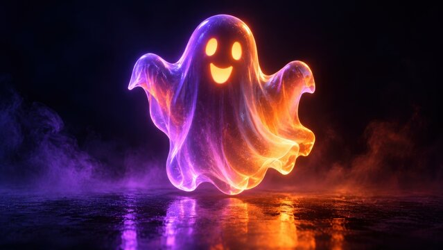 Glowing neon ghost character floating over dark reflective surface with purple and orange smoke.