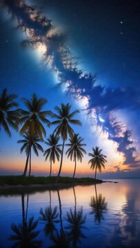 Dark night sky with stars and moon over Kudat island waters