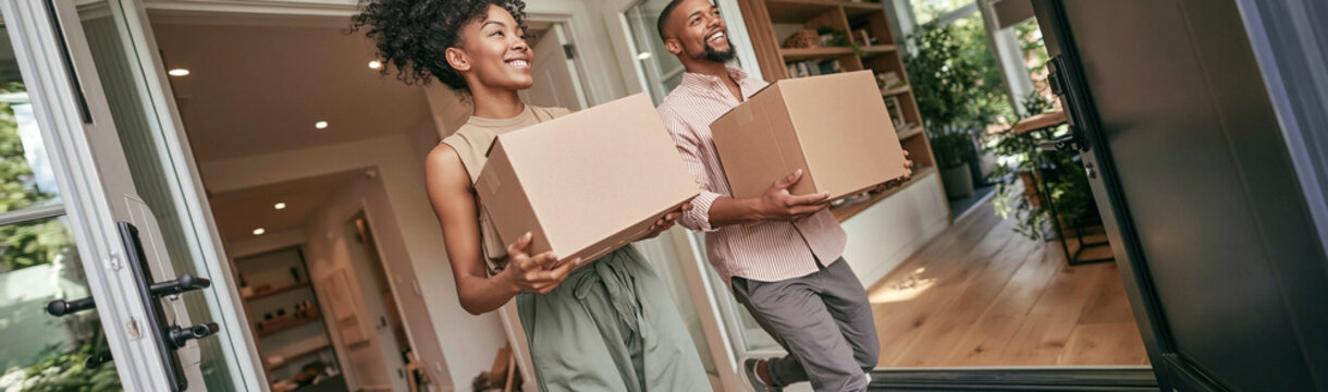 New Home Arrival: A happy couple, carrying moving boxes, enters their new home with smiles, symbolizing fresh beginnings and a shared future.