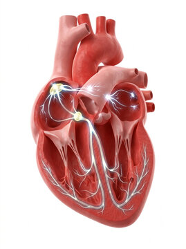 Cardiac conduction system physiology showing SA node, AV node, and electrical impulse path
