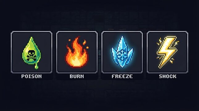 Pixel art elemental icons representing poison fire freeze and shock elements