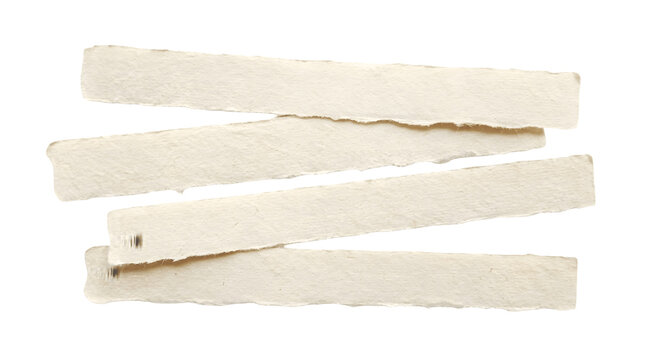 Rough textured aged paper strips with uneven frayed edges and vintage tan color palette displayed in a decorative horizontal stack isolated entirely on transparent background