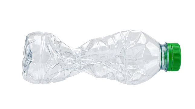Crushed empty clear plastic water bottle with bright green cap displaying detailed wrinkled texture and realistic lighting effects for environmental sustainability projects on transparent background