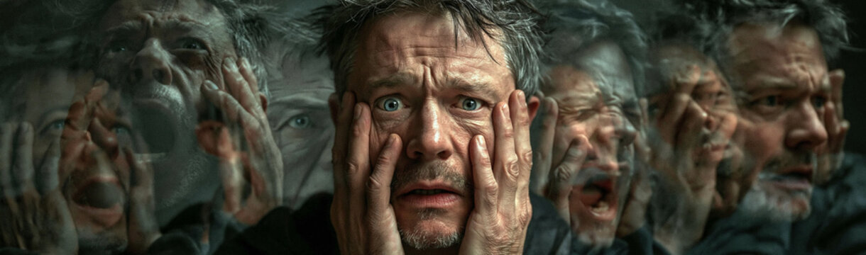 Distorted Mindscape: A man's face contorted in a visual representation of overwhelming stress and mental distress, surrounded by ghostly, blurred figures echoing his turmoil.