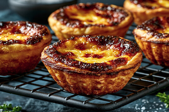 Freshly baked golden custard tartlets on a cooling rack with custard tart
