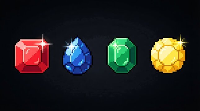 Four colorful pixel art gemstones sparkling on a dark black background