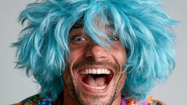 Wild Blue Wig: A man with a wide, ecstatic grin and wide eyes wears a vibrant, messy blue wig, expressing pure joy and surprise in this close-up portrait