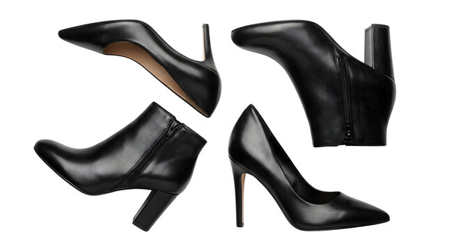 Elegant black leather high heel pumps and stylish ankle booties with sturdy block heels showcasing smooth textures and classic sharp silhouettes suitable for fashion on transparent background