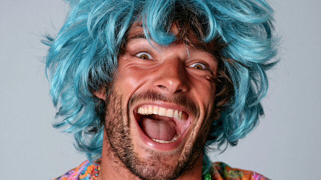 Ecstatic Expression: A man with an exaggerated, joyous expression wears a vibrant blue wig and a colorful shirt, conveying unrestrained happiness and amusement.