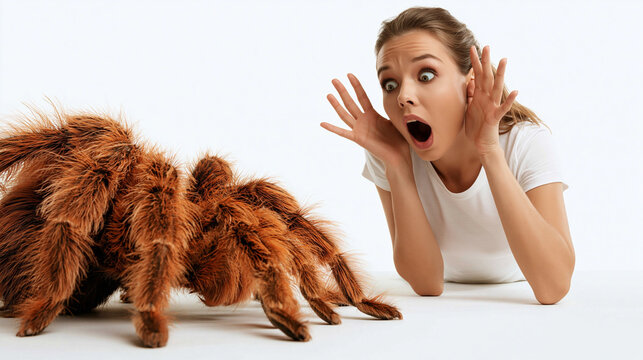 Terrified Woman Confronts Giant Spider: A young woman with wide, startled eyes and an open mouth recoils in fear from a large, hairy tarantula advancing towards her in a studio setting.
