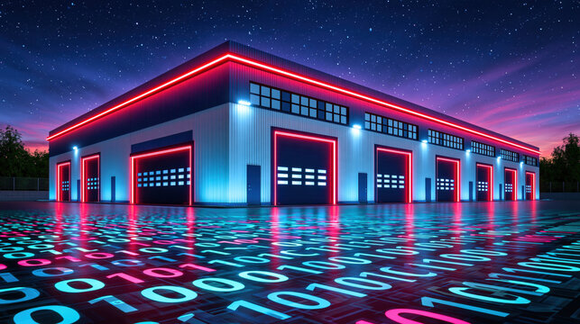 Windowless data center building with neon light and reflective binary floor at dusk