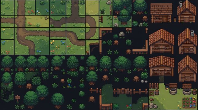 Pixel art fantasy tileset featuring wooden cabins trees and dirt paths